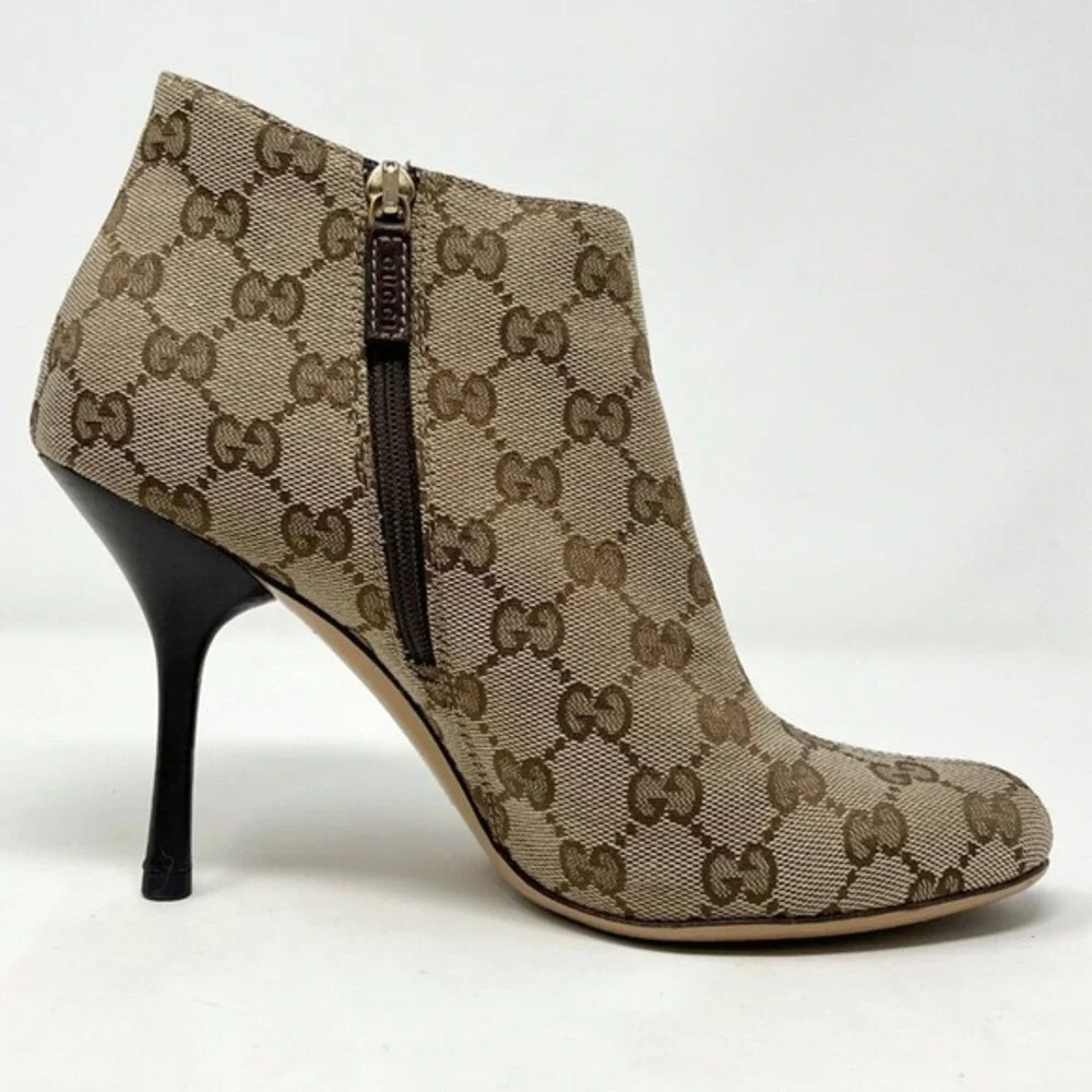 Gucci GG Monogram Ankle Boots Brown Canvas Heeled Booties 7 Y2K‎